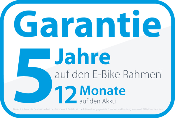 5 Jahre Garantie auf den E-Bike-Rahmen und 12 Monate Garantie auf den Akku